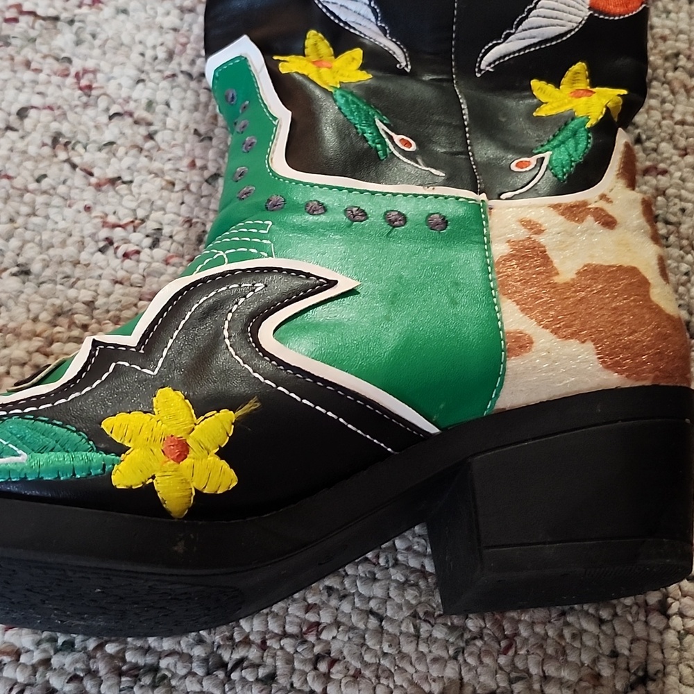 Embroidered Faux Leather Pull On Knee High Cowboy Style Boots. - Picture 9 of 11